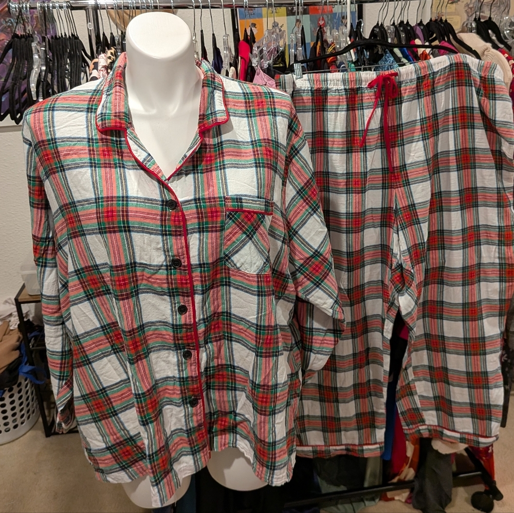 Plaid Button-Up Flannel Pajama Set - 3X